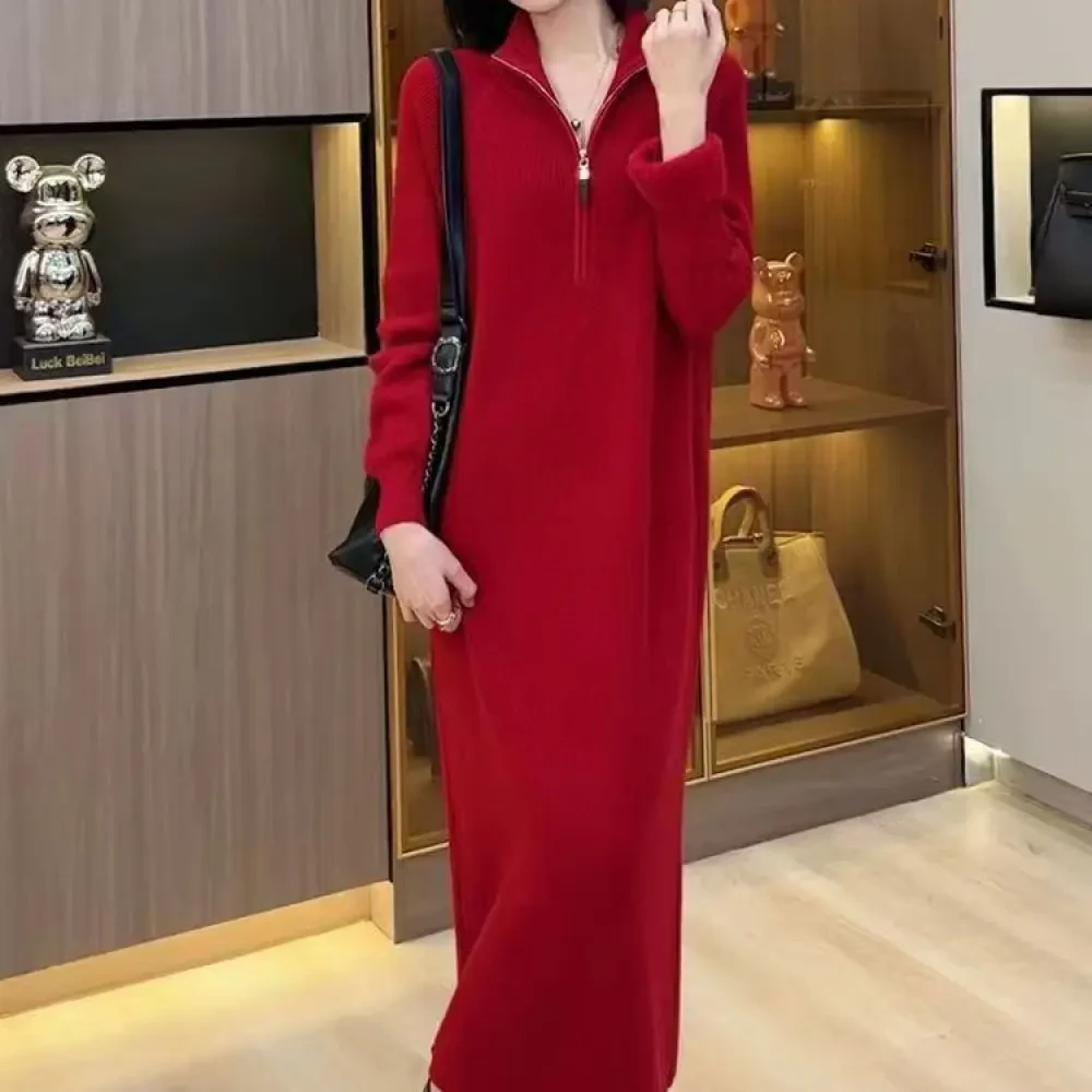 【胖人可穿】秋冬新款高档新中式针织连衣裙厚减龄毛衣中长款裙子