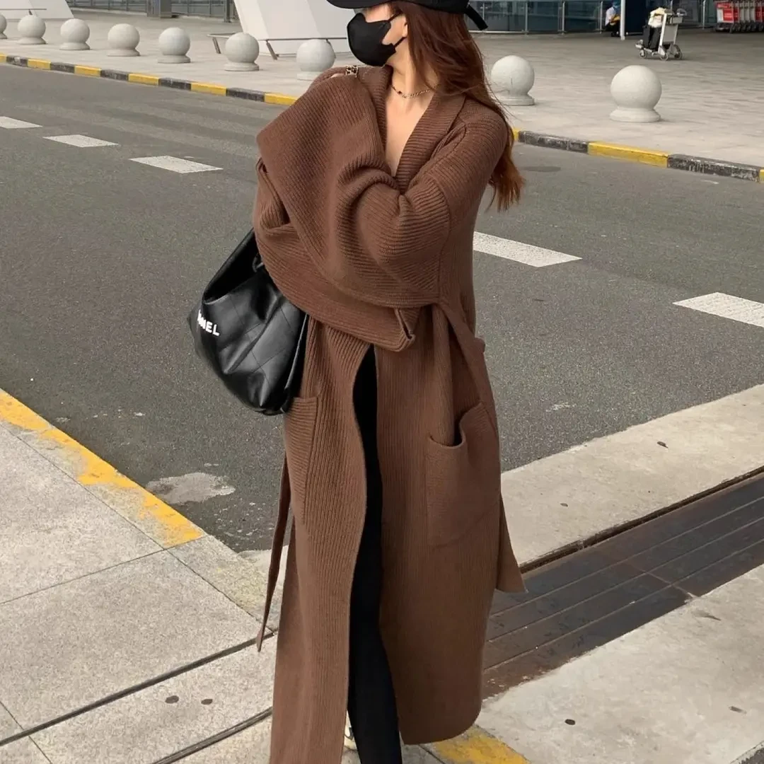 大码毛针织开衫胖妹妹网红慵懒风大毛衣外套宽松长款过膝针织大衣