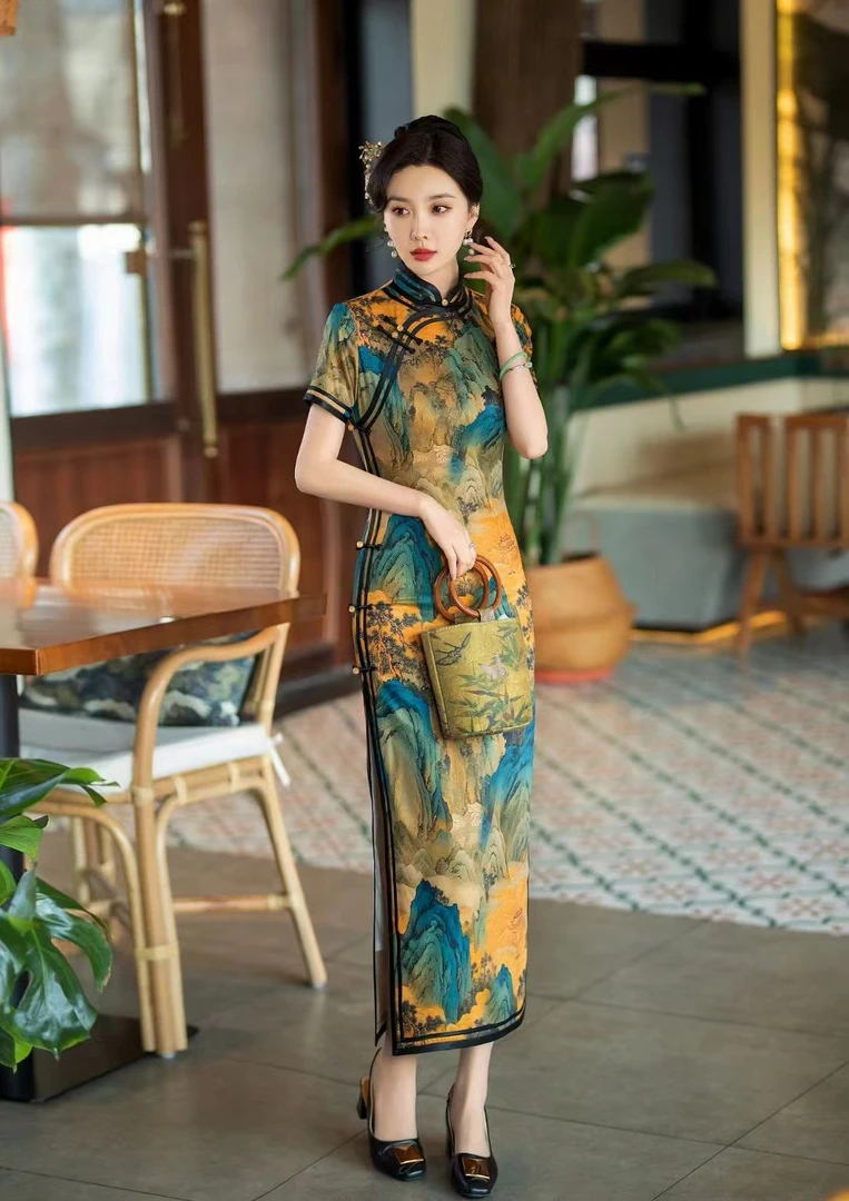 千里江山 夏季修身显瘦气质中长款走秀旗袍日常中国风旗袍网红
