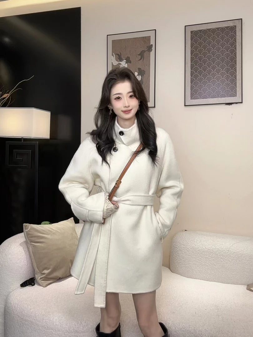 秋冬新款双面羊毛大衣中长款毛呢外套浴袍款系带韩版