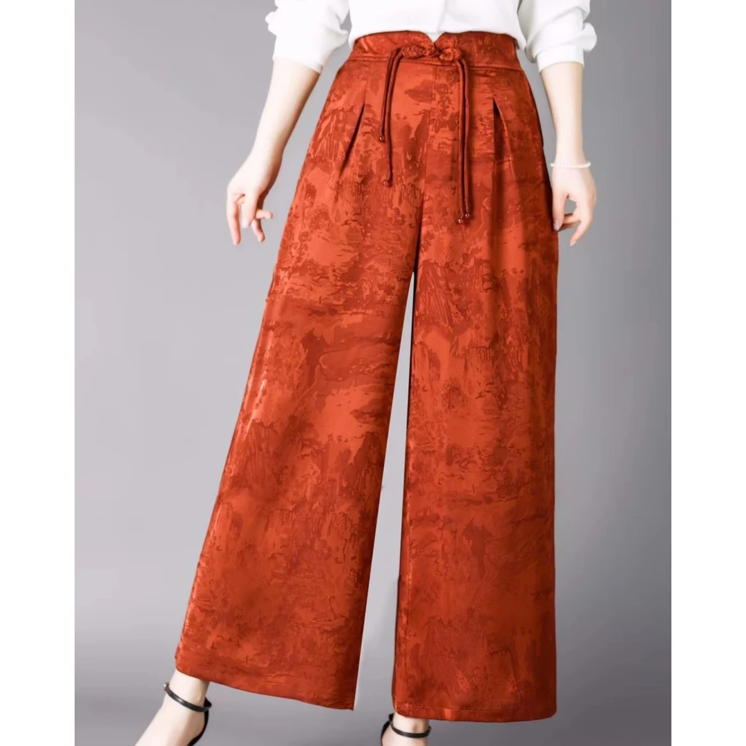 秋款盘扣山水画阔腿裤宽松显瘦直筒裤新中式时尚气质长款休闲女裤