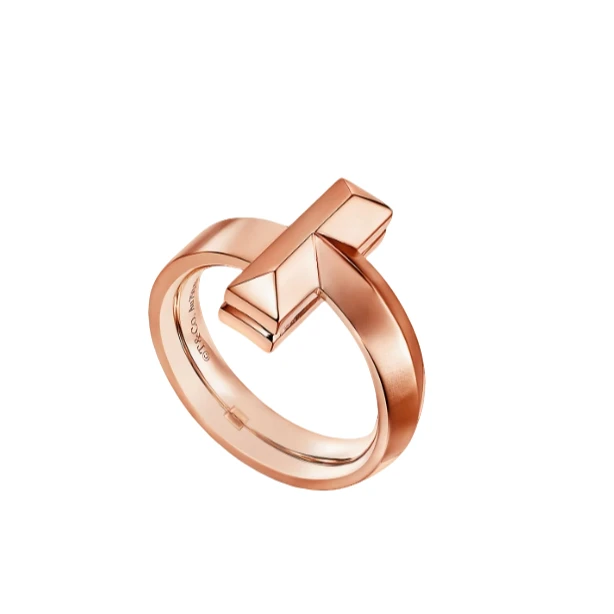 95新 Tiffany & Co./蒂芙尼 T系列18K玫瑰金宽版戒指54码/公21300