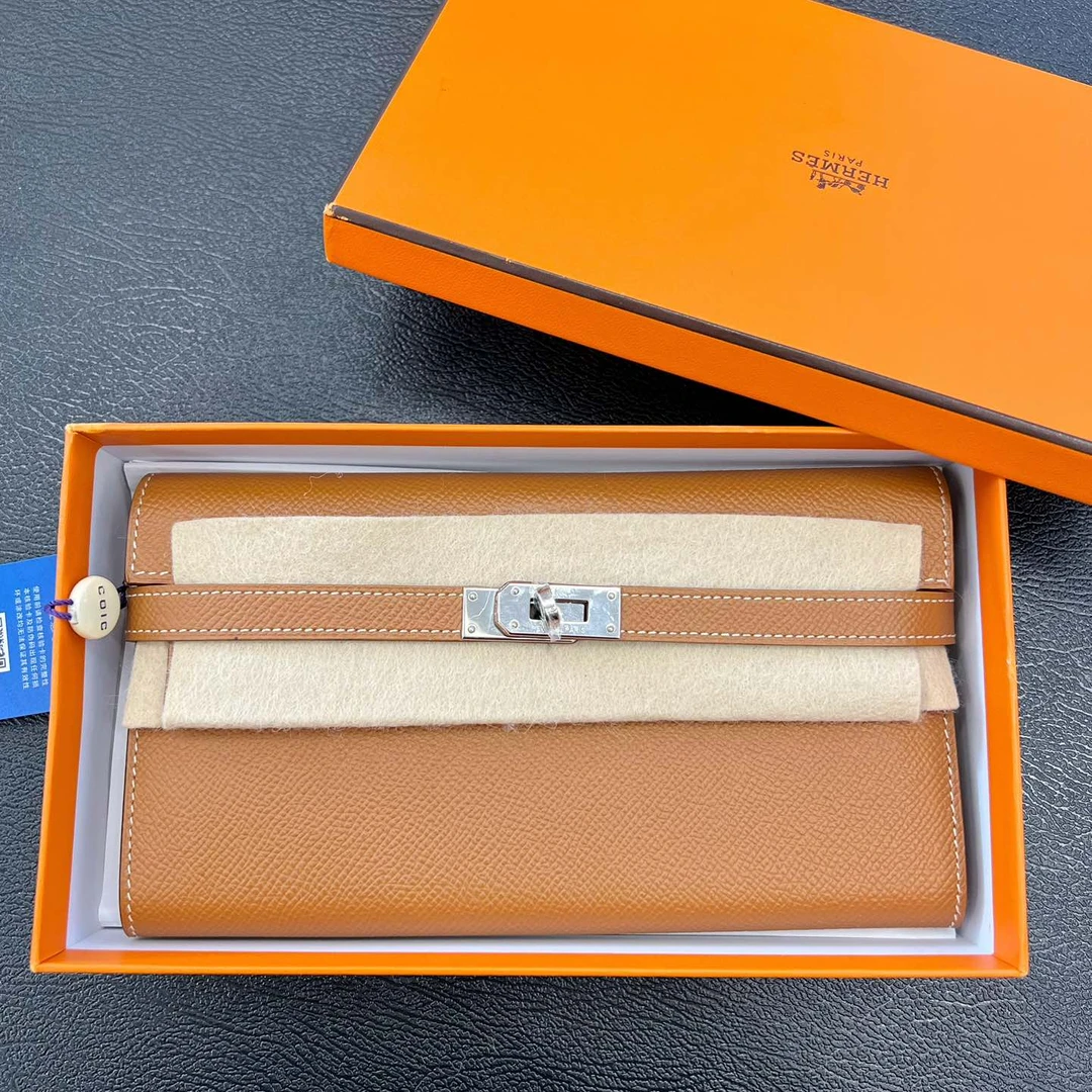 95新 Hermes/爱马仕 kelly钱包 金棕银扣ep皮X刻/152251