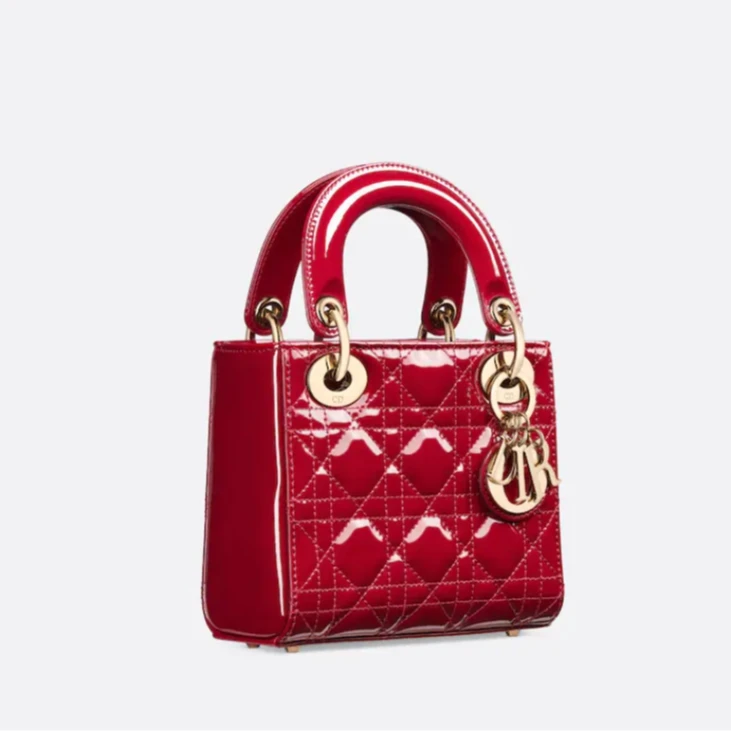95新 DIOR/迪奥 经典三格戴妃红色漆皮手提链条包 19年/150978
