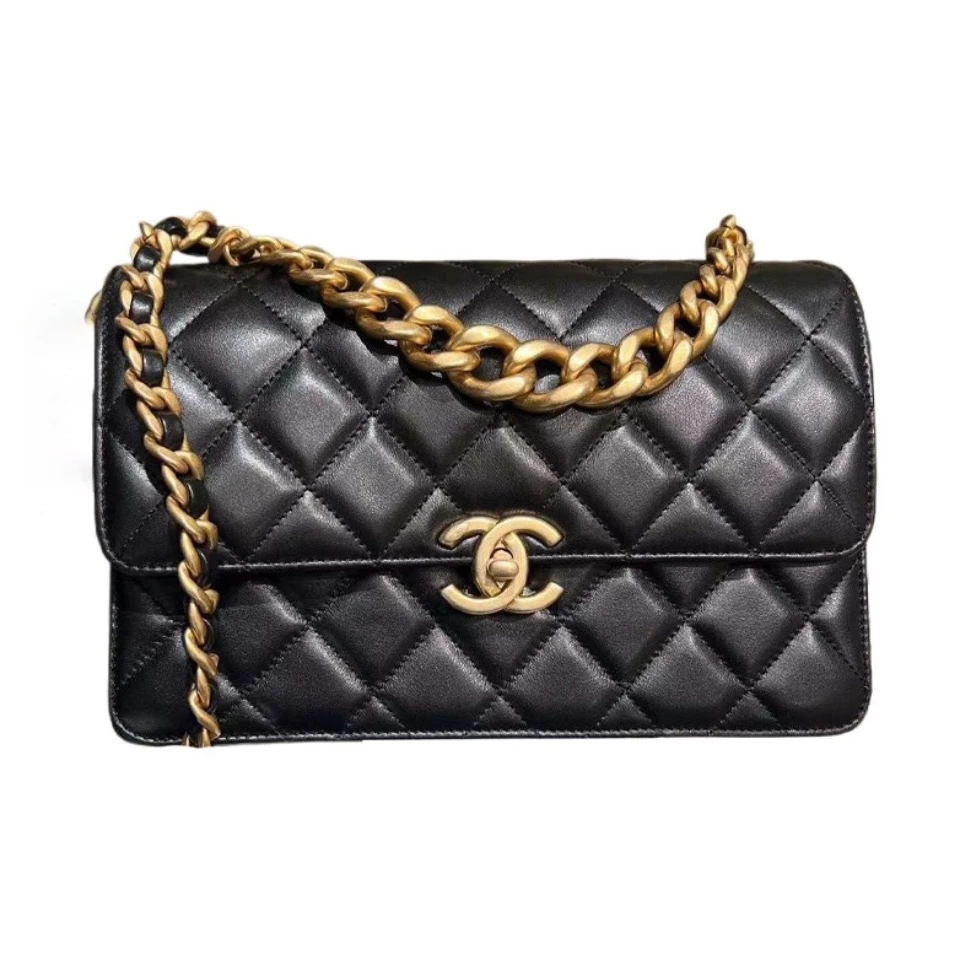 95新 Chanel/香奈儿 23b黑金粗链条翻盖牛皮风琴包芯片款/公43100