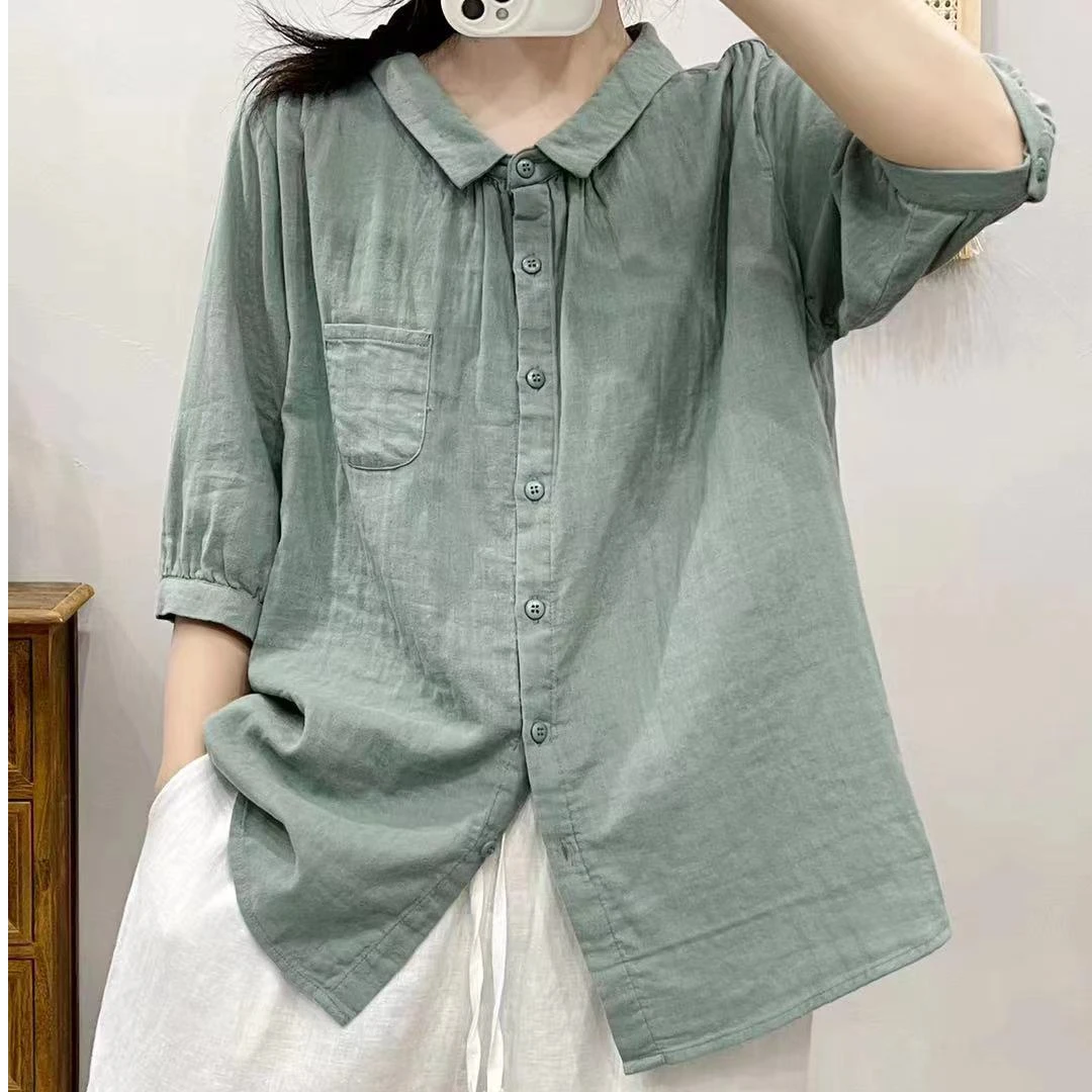 悦欢  新款夏季薄款纯棉衬衫六分袖双层棉纱短袖衬衫女宽松显瘦