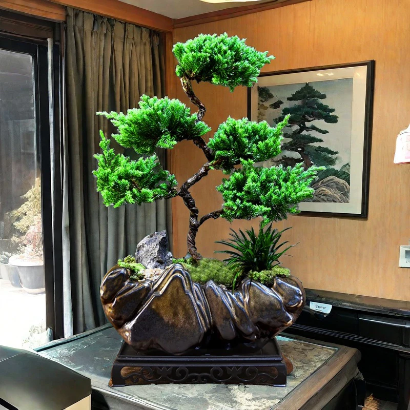 室内真柏迎客松盆景桌面的高档绿植松柏文人盆景办公室中式盆栽