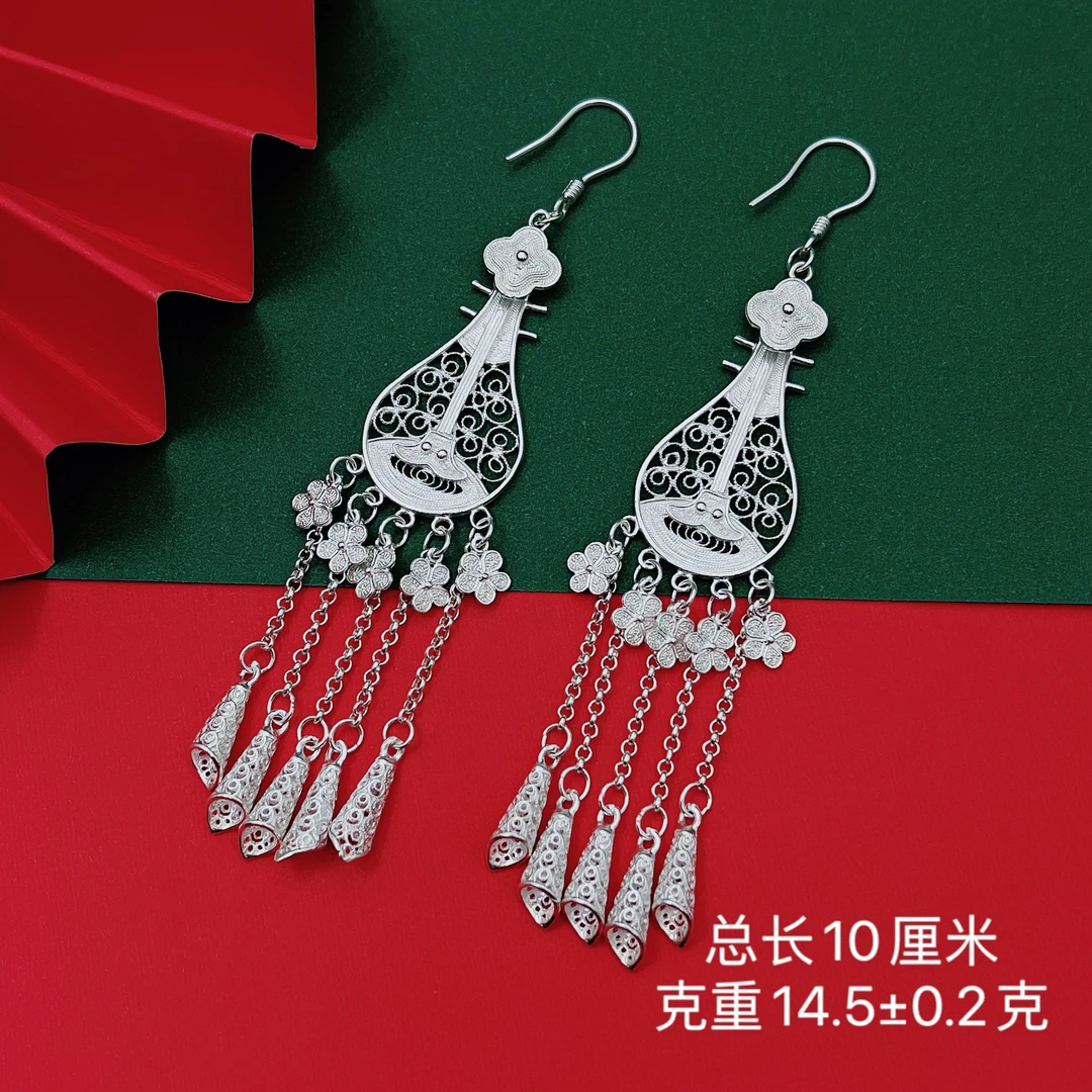 足银耳饰 足银6254琵琶长流苏花丝精致纯手工古风耳环耳坠