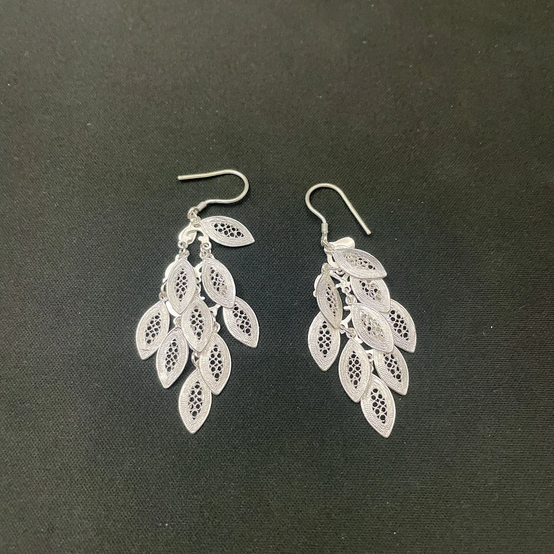 足银耳饰 足银叶子花丝工艺精致百搭大方耳环耳坠