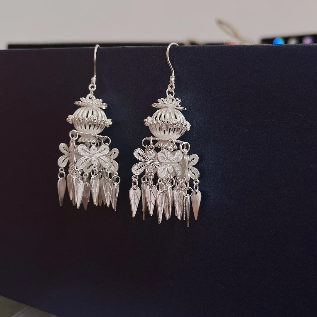 足银耳饰 足银灯笼花丝工艺民族风耳环耳坠
