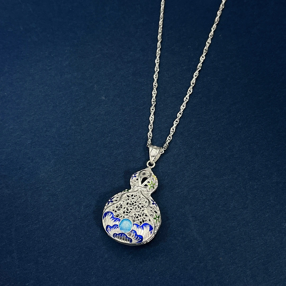 坠链均足银 足银葫芦镂空珐琅彩花丝工艺项链套链