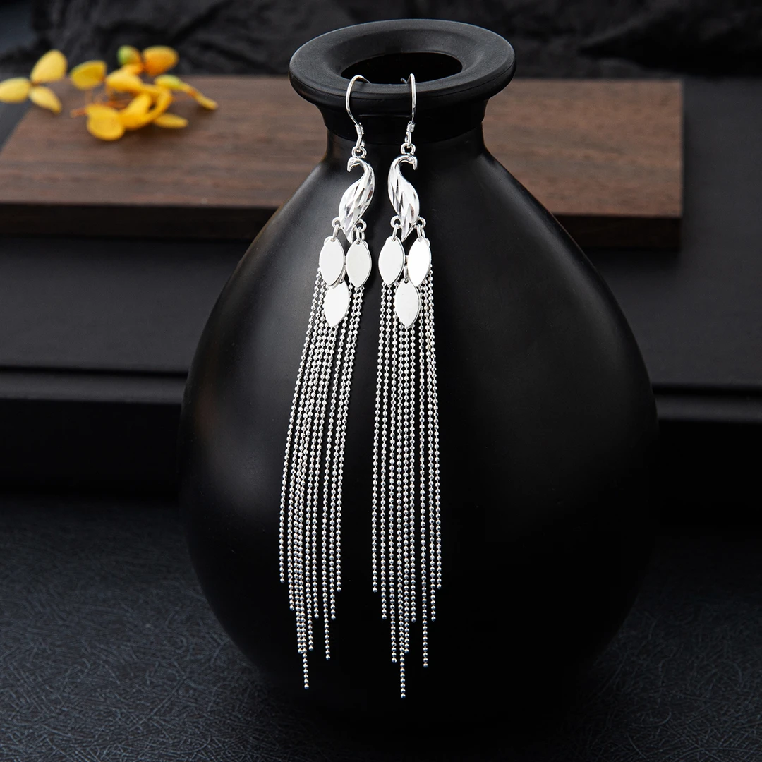 足银耳饰 足银凤回头亮面长流苏精致大气时尚气质耳环耳坠