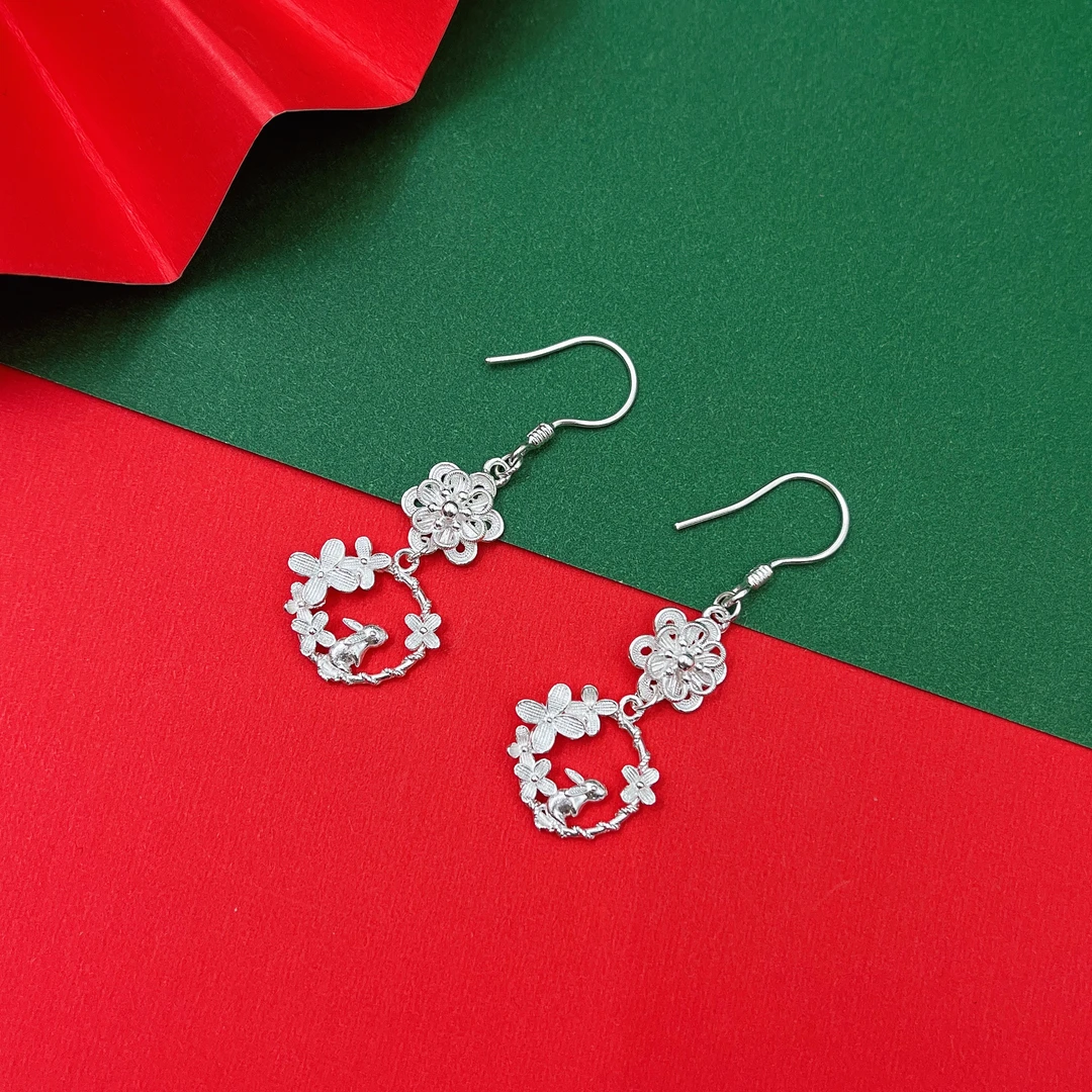 足银耳饰 足银繁花望月兔花丝精致耳环耳坠