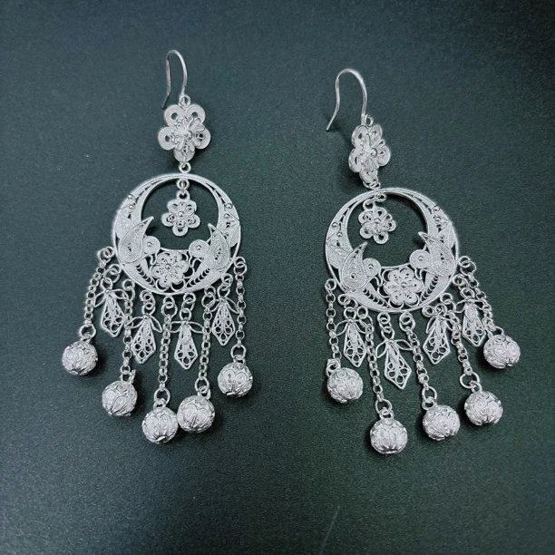 足银耳饰 足银6301月牙双鸟花朵绣球流苏纯手工民族风耳环耳坠