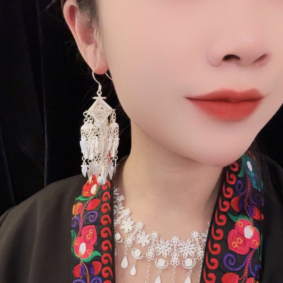 足银耳饰 足银灯笼花丝6281流苏精致民族风耳环