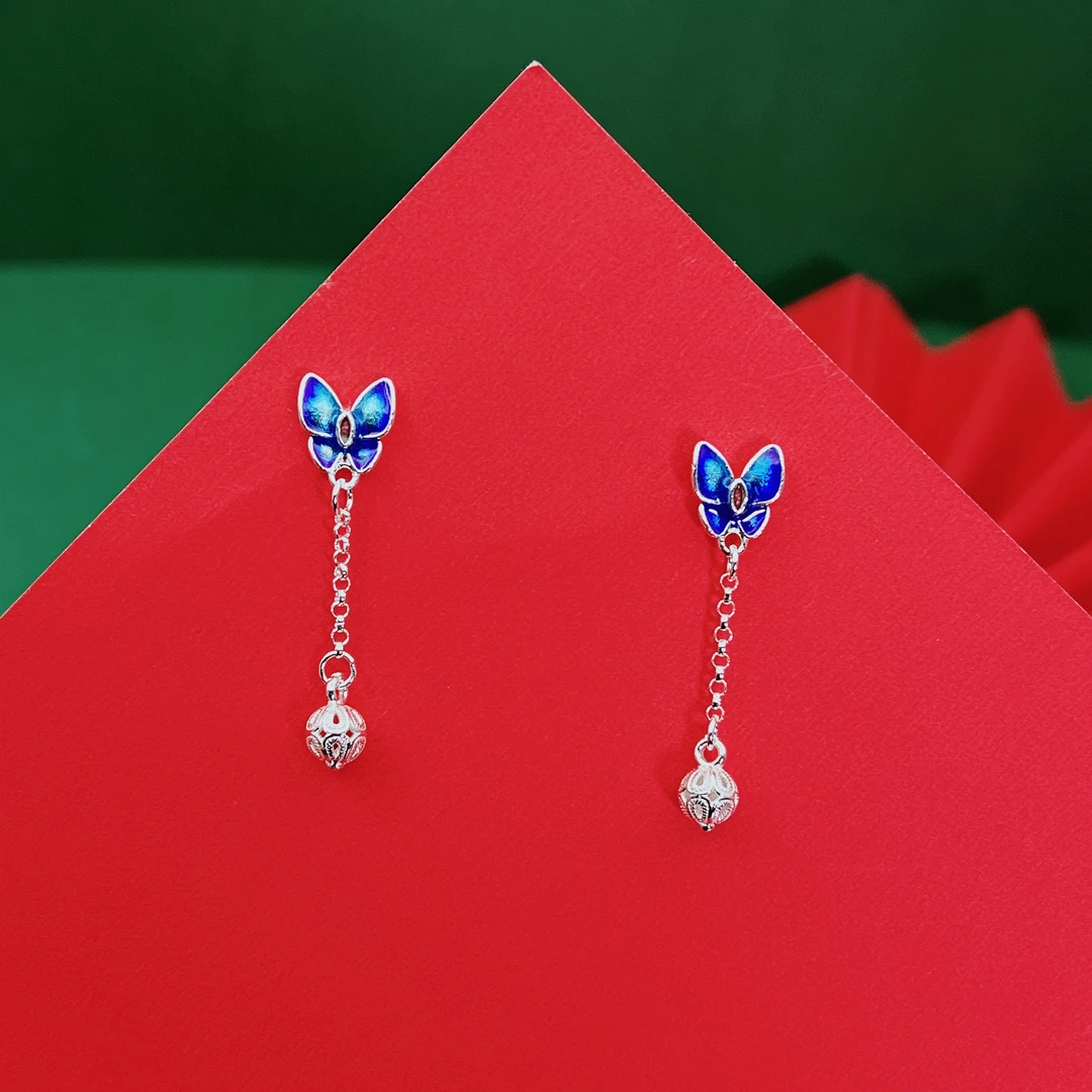 足银耳饰 足银珐琅彩流苏耳钉孤品