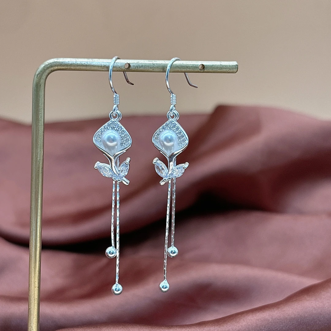 足银合成锆石耳饰 足银郁金香6236镶钻流苏精致百搭大方耳环耳坠