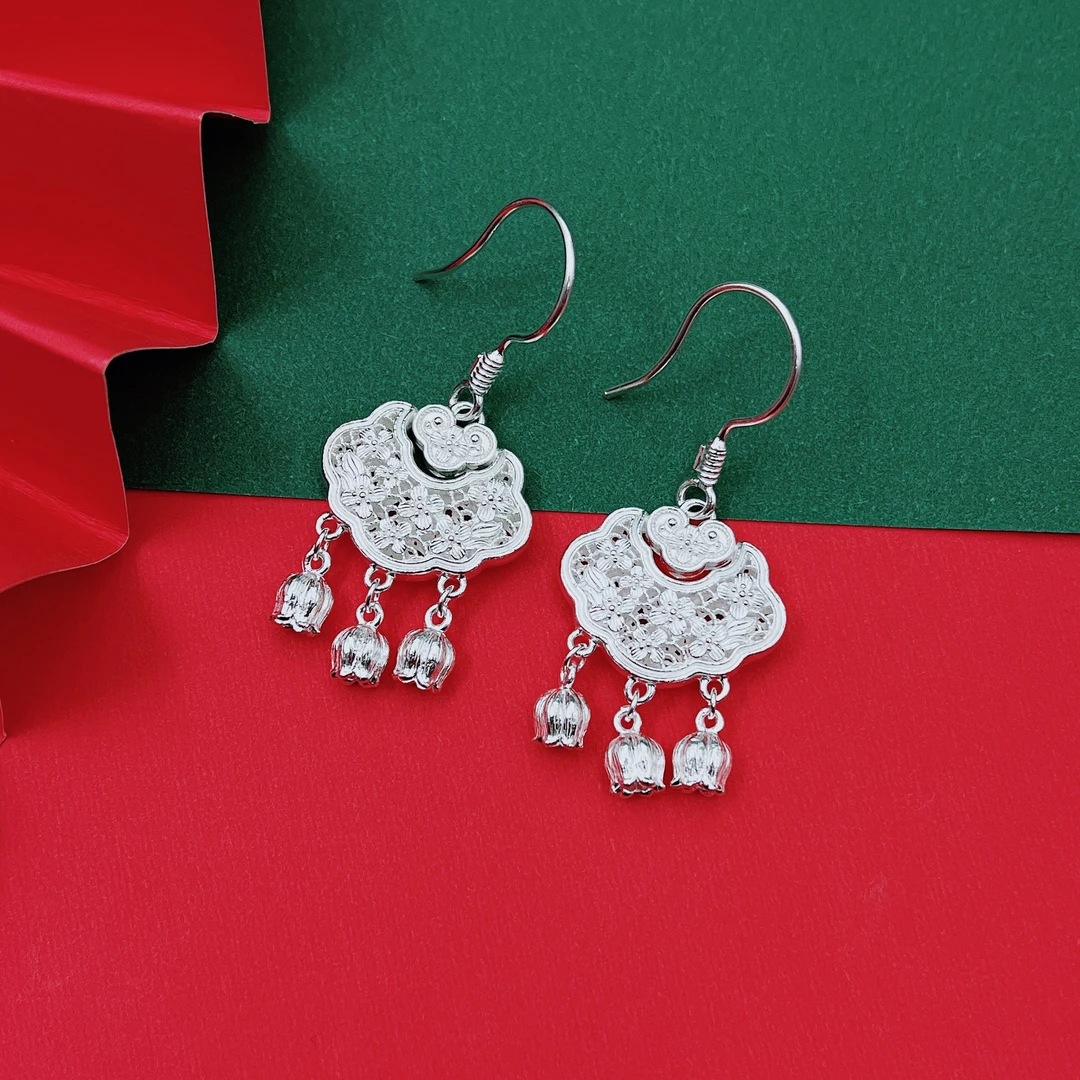 足银耳饰 足银平安锁花丝工艺精致百搭大方耳环耳坠