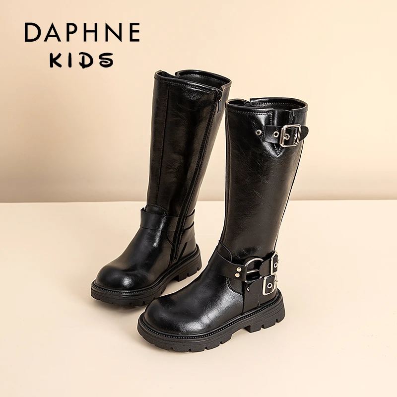 Daphne达芙妮女童真皮长筒靴2024新款秋冬软底加绒百搭长靴637003