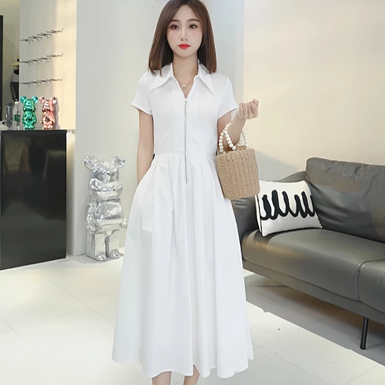 【思思小个子服装】法式收腰简约显瘦气质时尚款净色连衣裙24S048