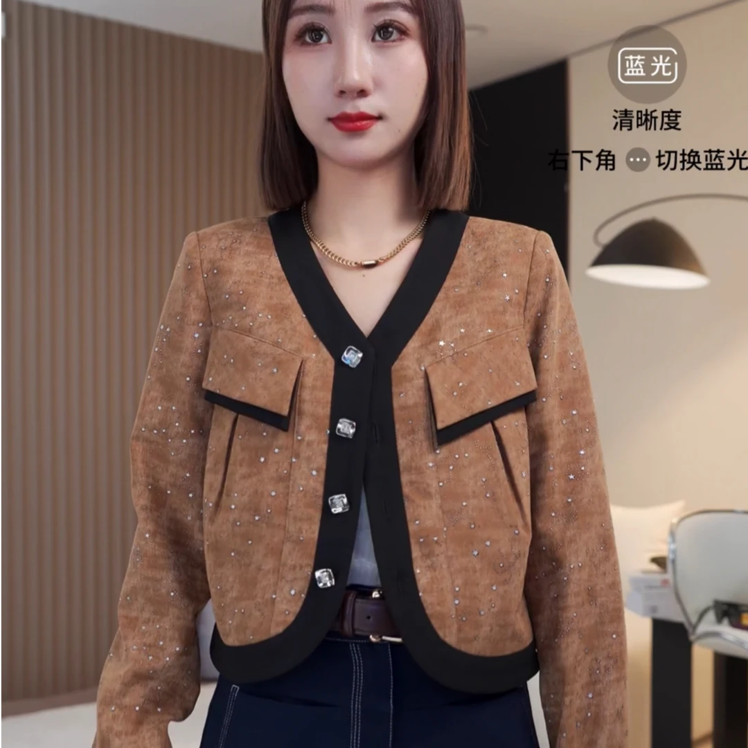 【思思小个子女装】24S198秋季新款显瘦V领时尚短款拼接外套