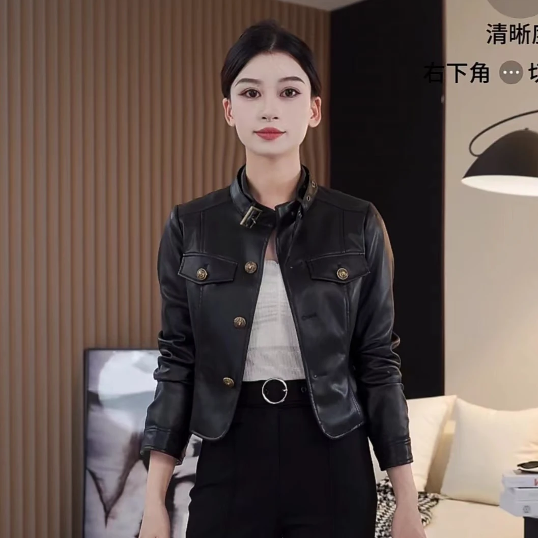 【思思小个子女装】24S131-百搭时尚休闲设计立领短款机车皮衣