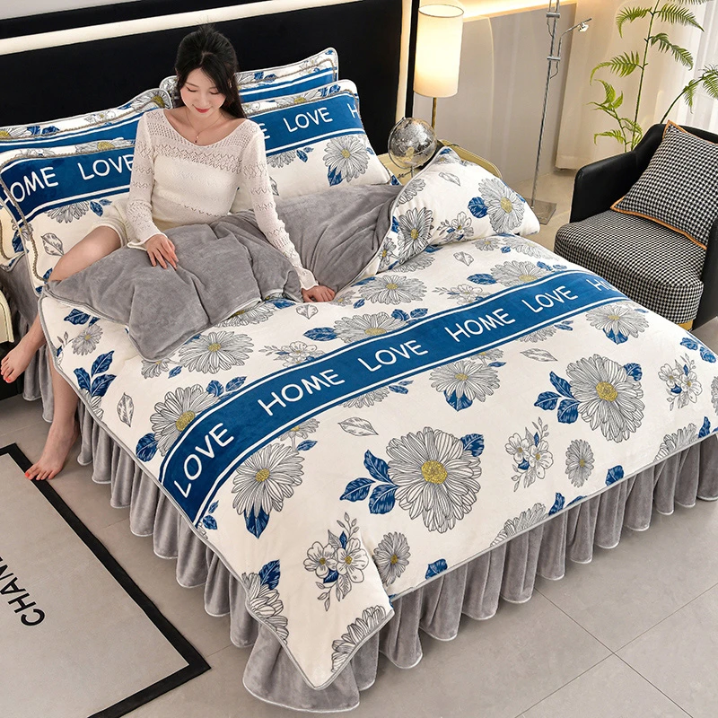 加厚保暖牛奶绒印花四件套双面绒加绒珊瑚绒床裙款水晶绒床上用品
