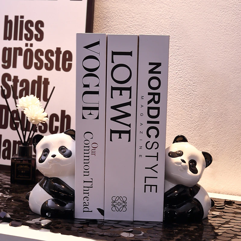 熊猫书档摆件高档陶瓷时尚书架收纳可爱创意卧室书房家居饰品