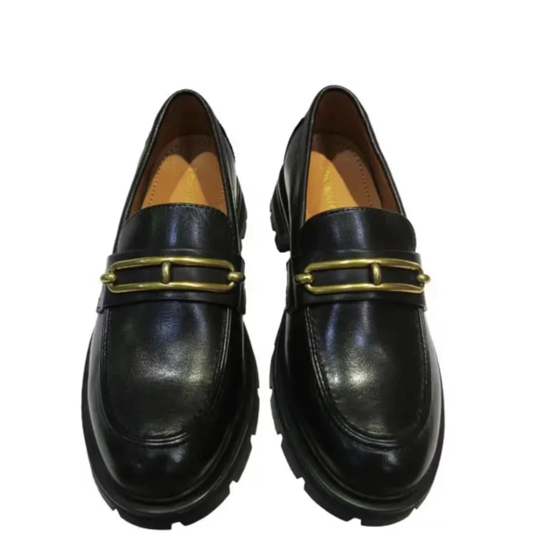 YIJIA复古英伦中性风胎水牛粗跟乐福真皮女单鞋时尚百搭厚底圆头