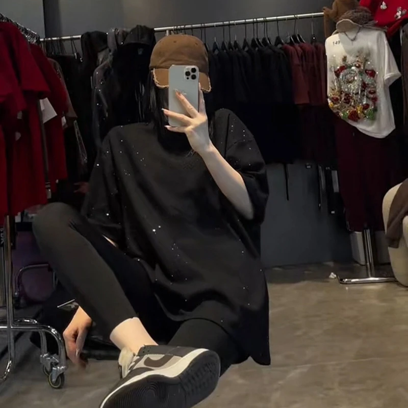 重工满天星烫钻短袖T恤女欧货夏季新款宽松百搭大版中长款上衣潮