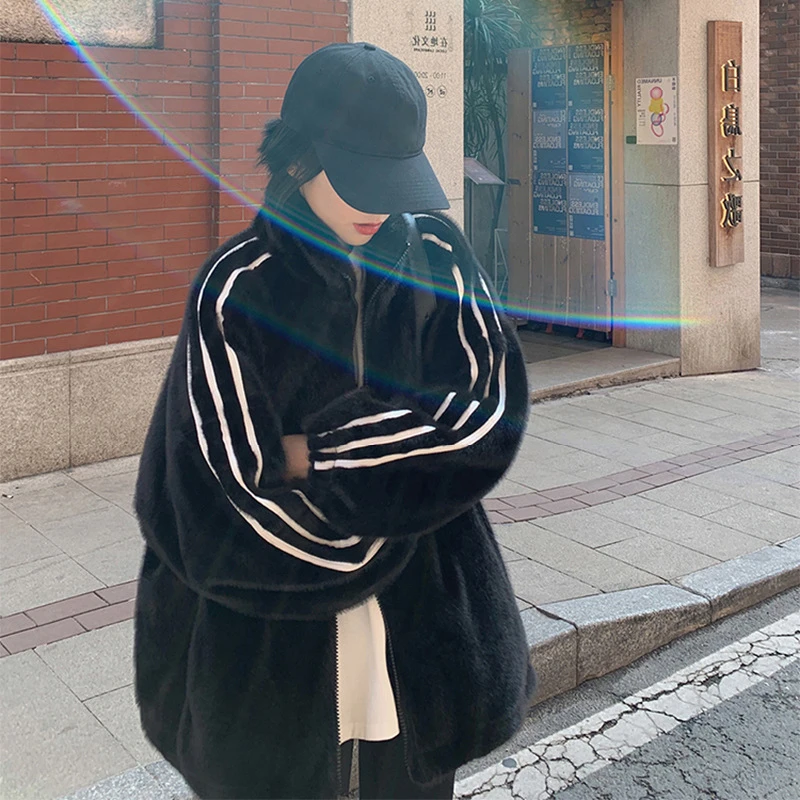 黑色羊羔绒卫衣女秋冬款2024新款宽松中长款加绒加厚拉链开衫外套