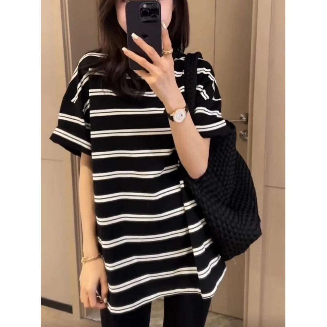 韩版宽松条纹短袖T恤女2025新款夏季气质休闲中长款显瘦遮肉上衣