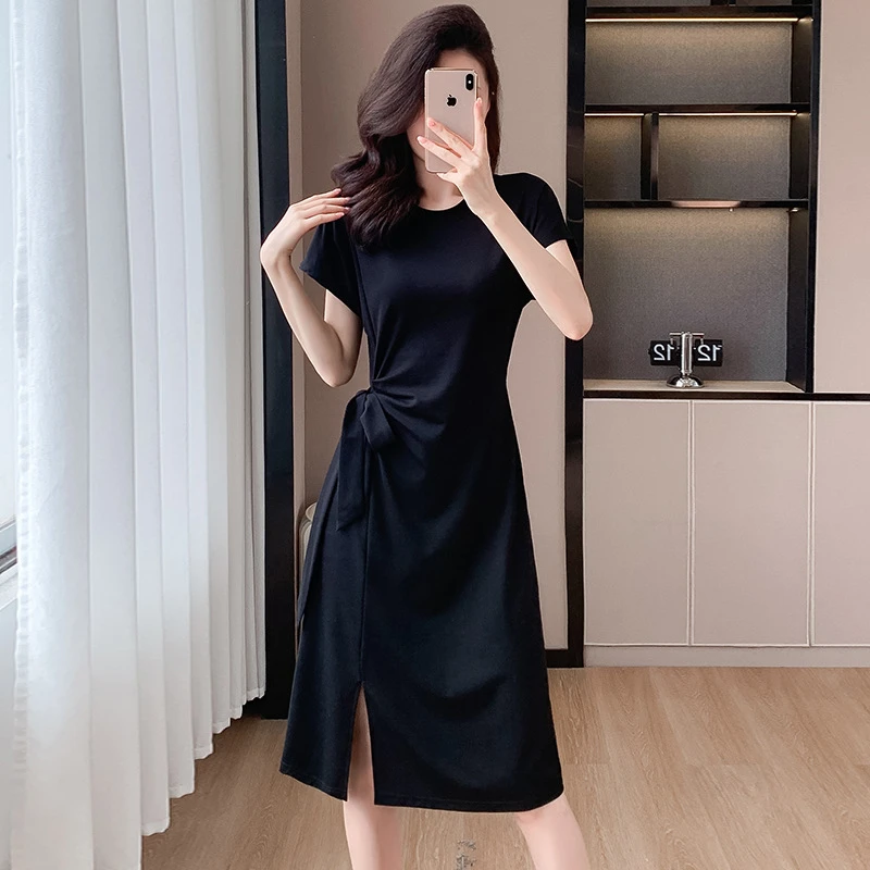 赫本风黑色t恤连衣裙女夏季2025新款茶歇法式系带收腰遮肉中长裙