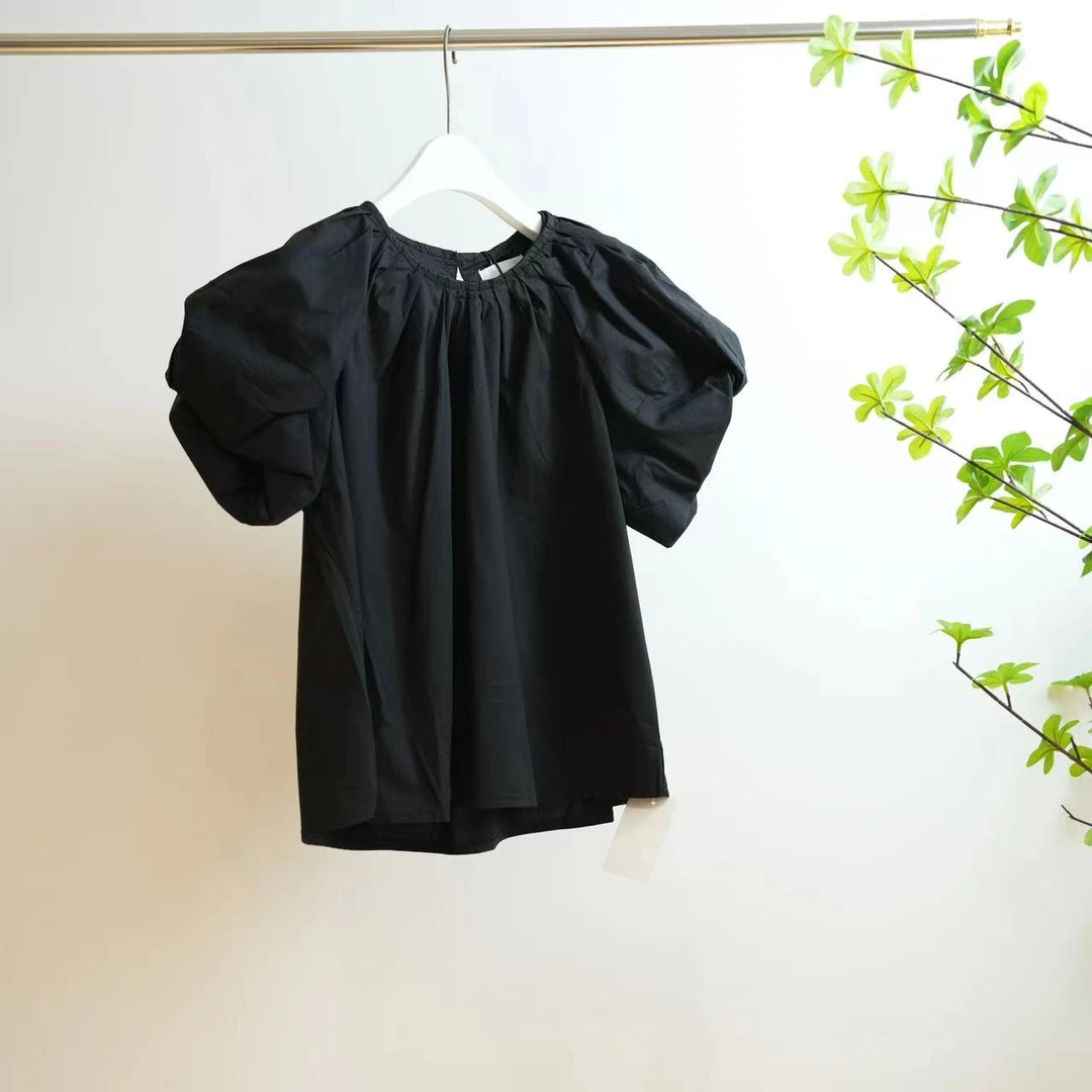 9554-J黑色泡泡袖压褶领口女童夏季短袖上衣