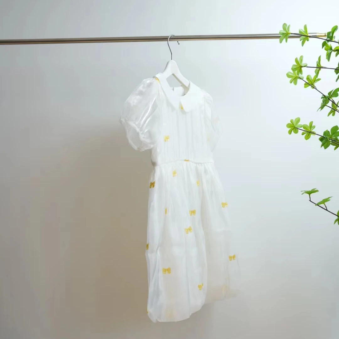 0362-M白色珠光满印蝴蝶结刺绣夏季女童翻领连衣裙