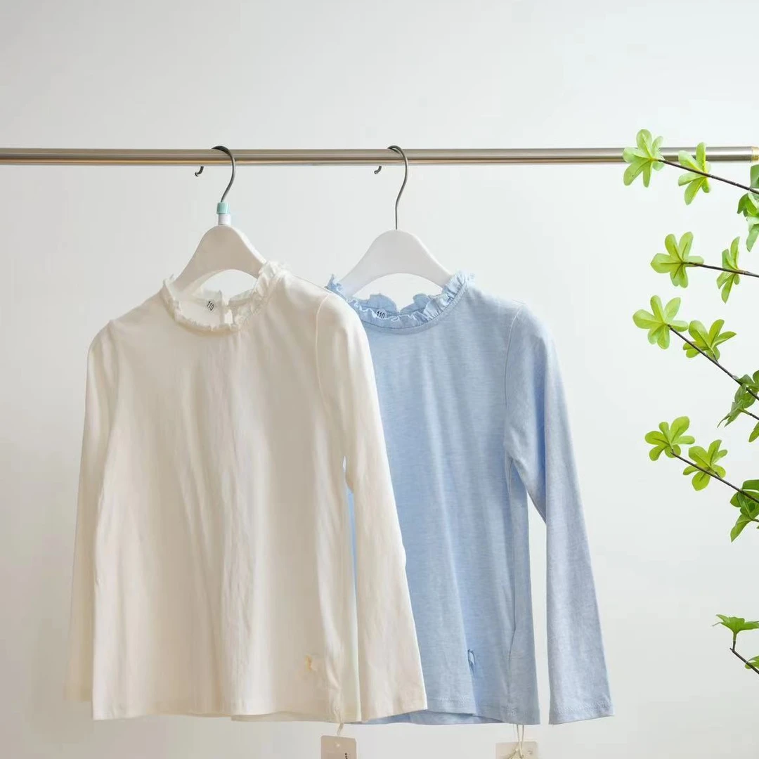 8947-一款三色女童木耳边领纯色长袖T恤