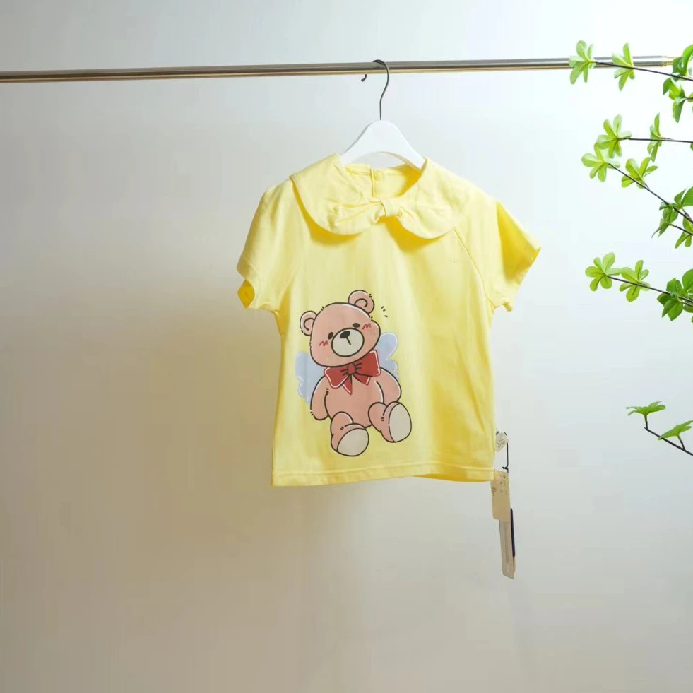 0377-M黄色卡通小熊夏季小童蝴蝶结领口女童短袖T恤