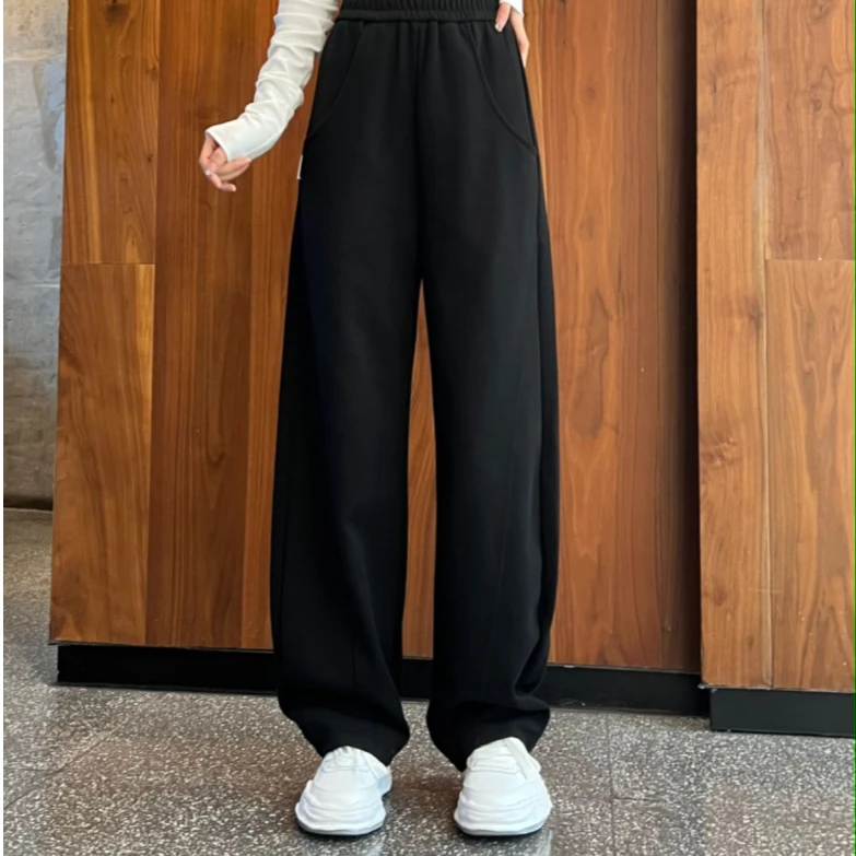 大码女装秋冬遮肉美式宽松香蕉显瘦松紧高腰垂直新款弯刀裤子
