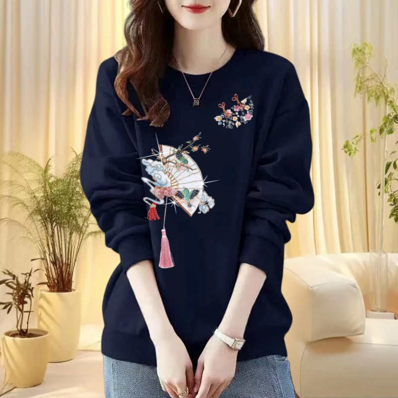 2025新中式爆款圆领卫衣女秋冬季民族风大码宽松显瘦时尚洋气百搭