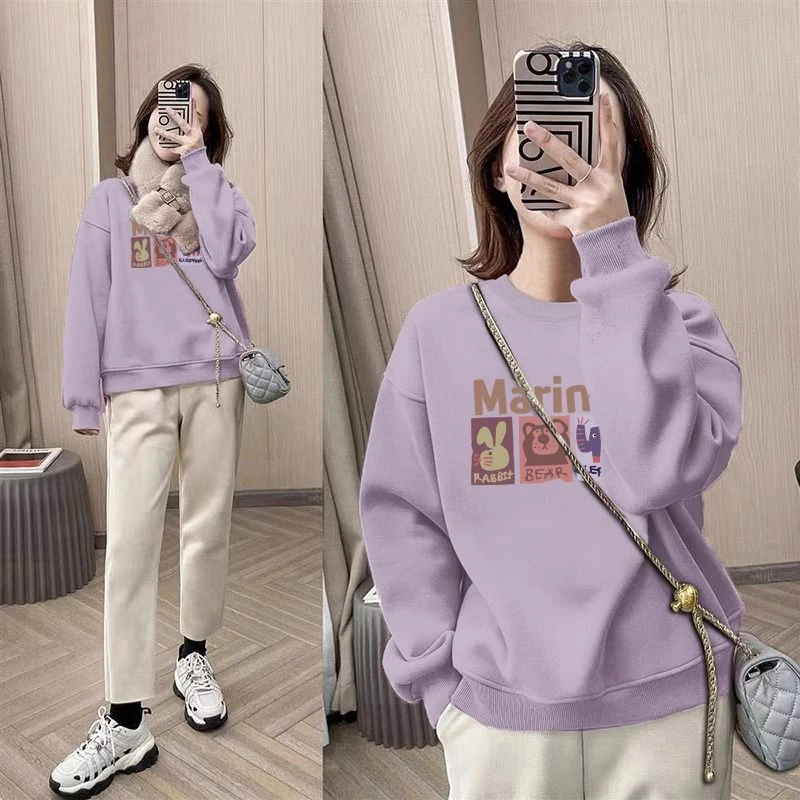 圆领卫衣女士秋冬季2024新款宽松大码胖mm加绒加厚上衣潮休闲外套