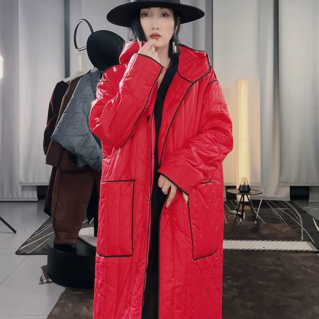 2024冬季长款甩帽棉服女高级感时尚宽松休闲百搭个性过膝长棉袄潮