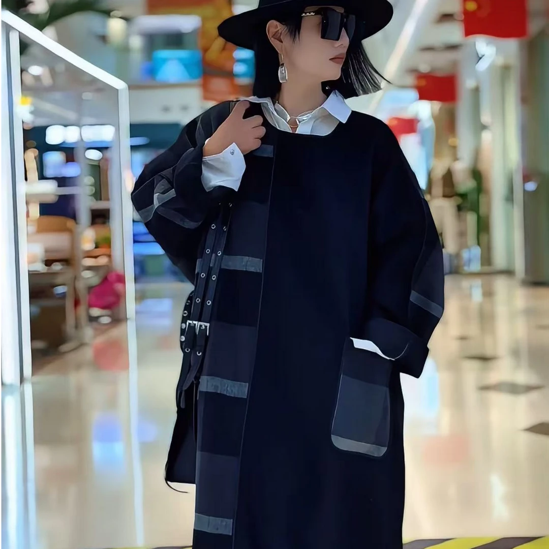 2024秋冬新款格子拼接套头长款大衣女高级感气质简约宽松时尚外套