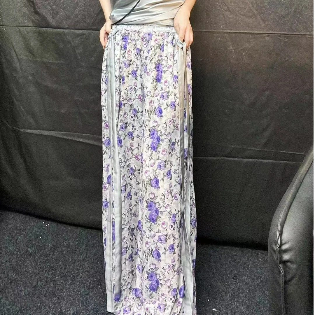 2023夏新款高腰阔腿裤女高级感小众设计宽松休闲时尚百搭碎花裤子