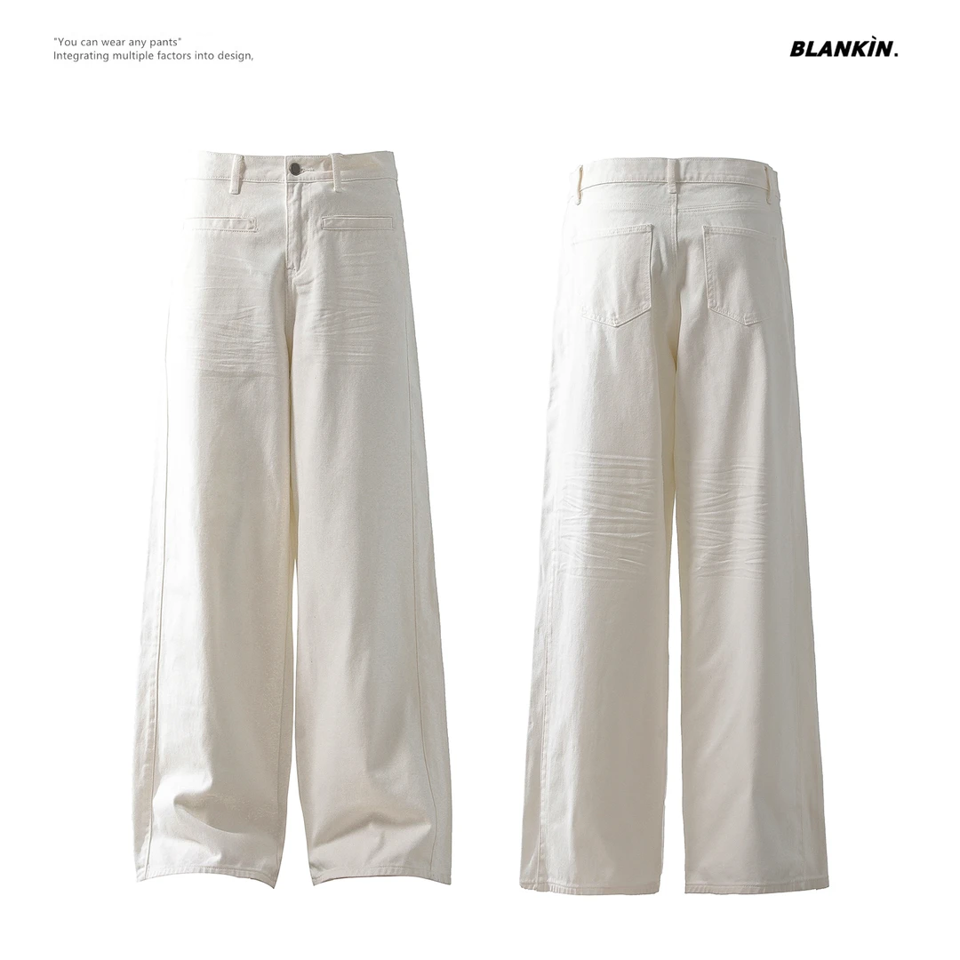 中国风牛仔裤宽松白色褶皱加长拖地裤牛仔裤潮流时尚小众设计感63