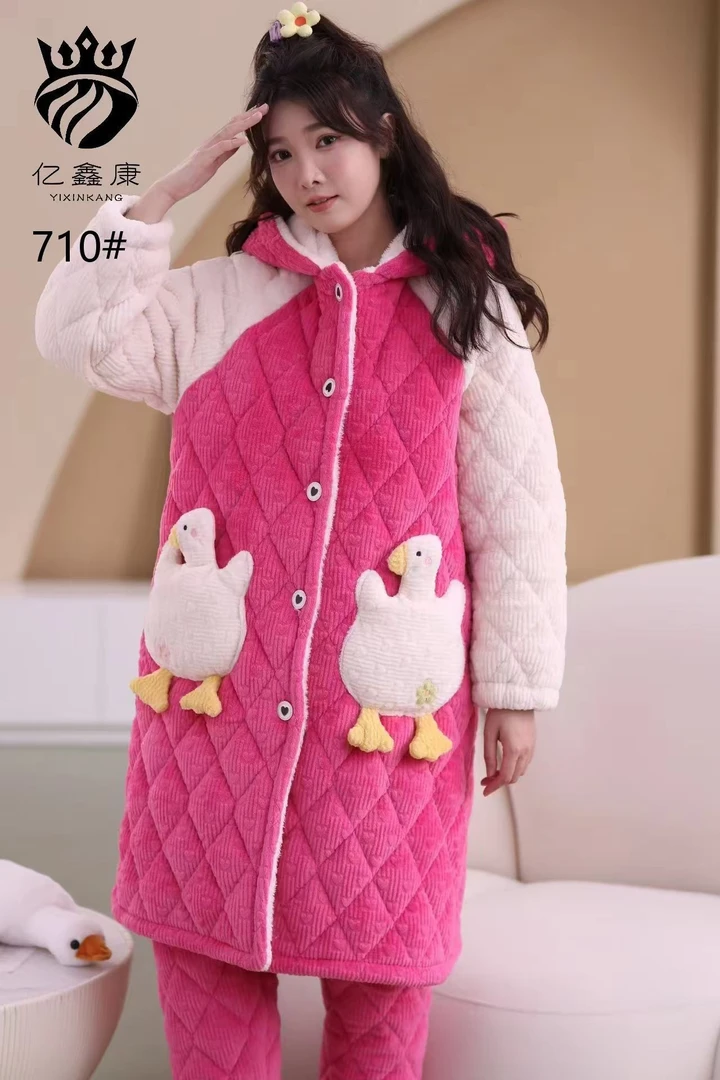 【轻奢高定】2024冬季新款加绒睡衣中长款高克重绒款加厚软糯舒适