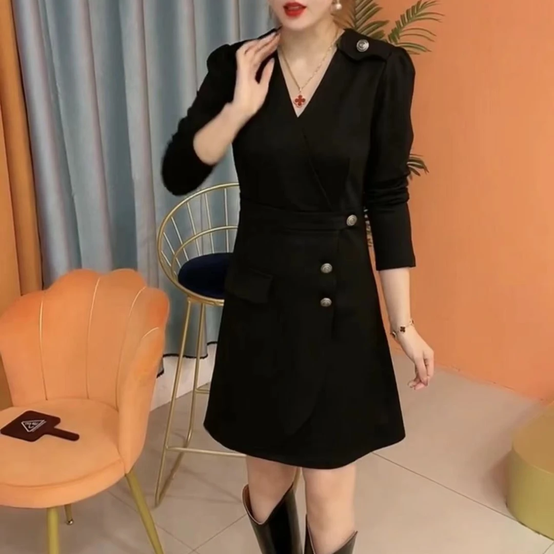 新款欧货高端品质时尚气质显瘦女收腰百搭春秋洋气纯色女装连衣裙