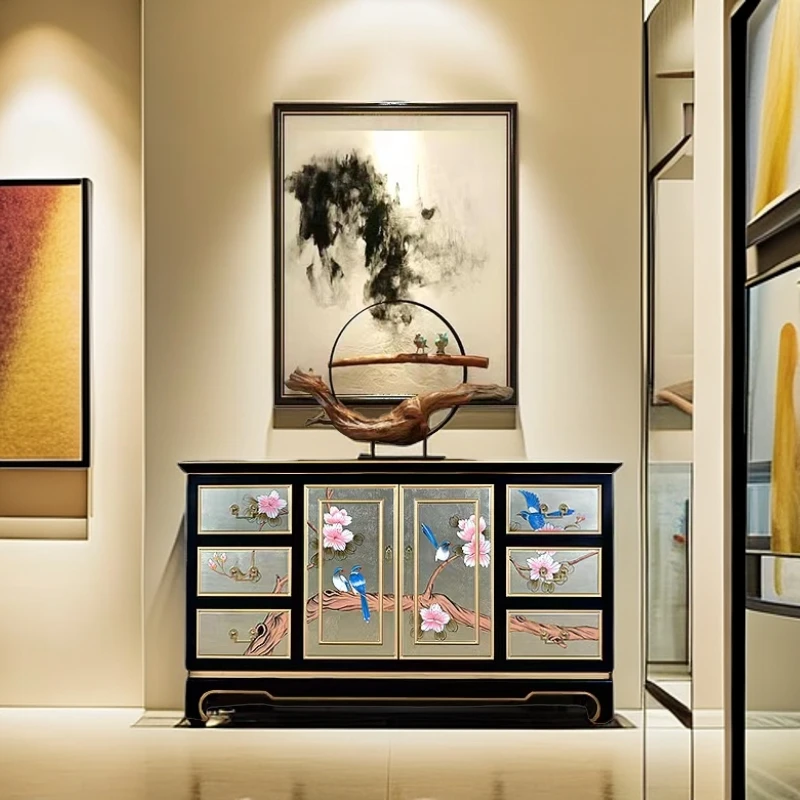 现代手绘新中式边柜彩绘玄关柜隔断柜门厅柜装饰柜餐边柜实木家具