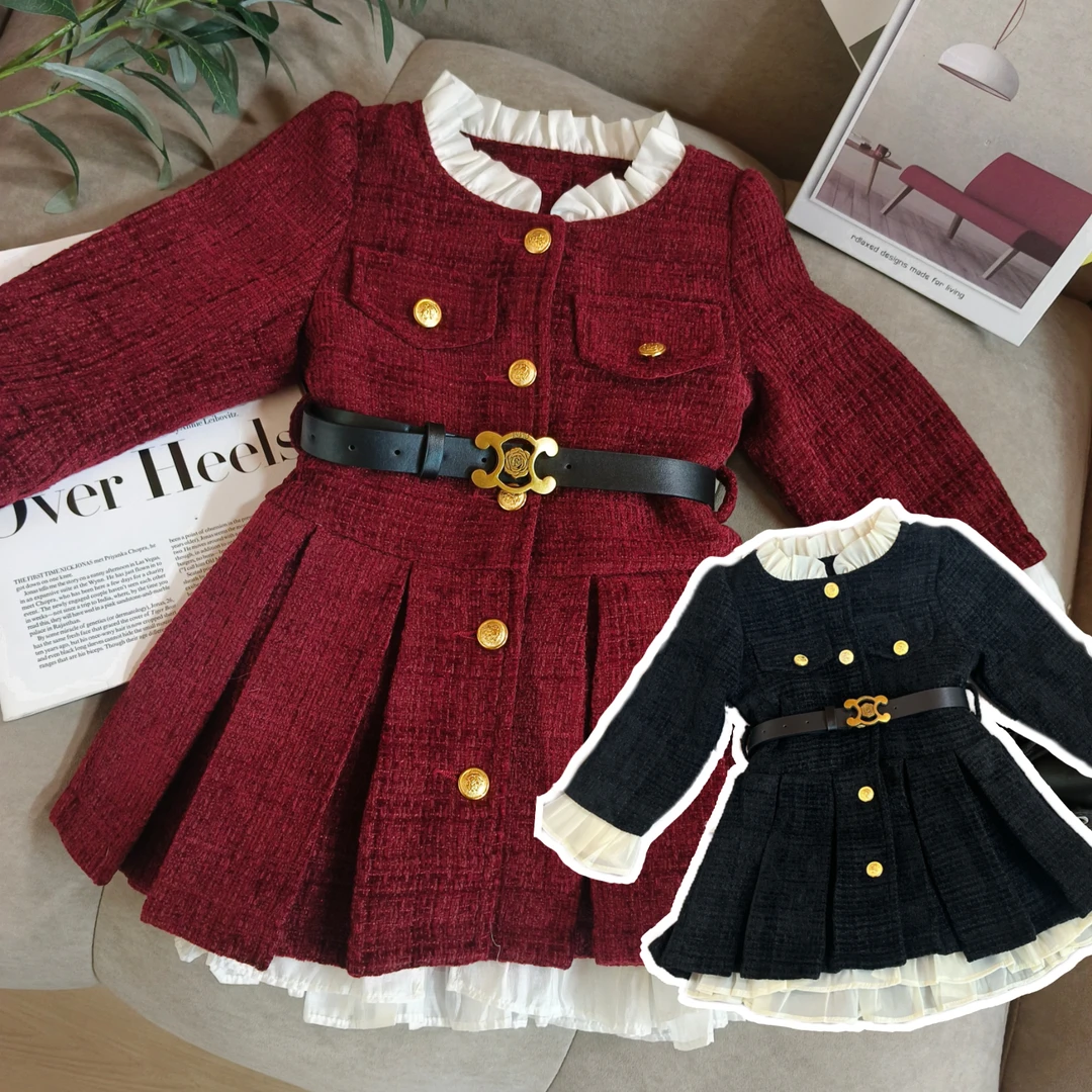 女童2024秋冬小香风黑色轻奢洋气夹棉长款重工圆领连衣裙气质