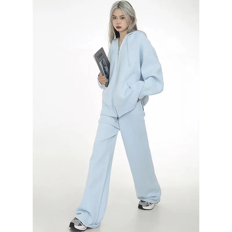高级感拉链休闲时尚运动针织套装女连帽秋季高腰拖地阔腿裤两件套