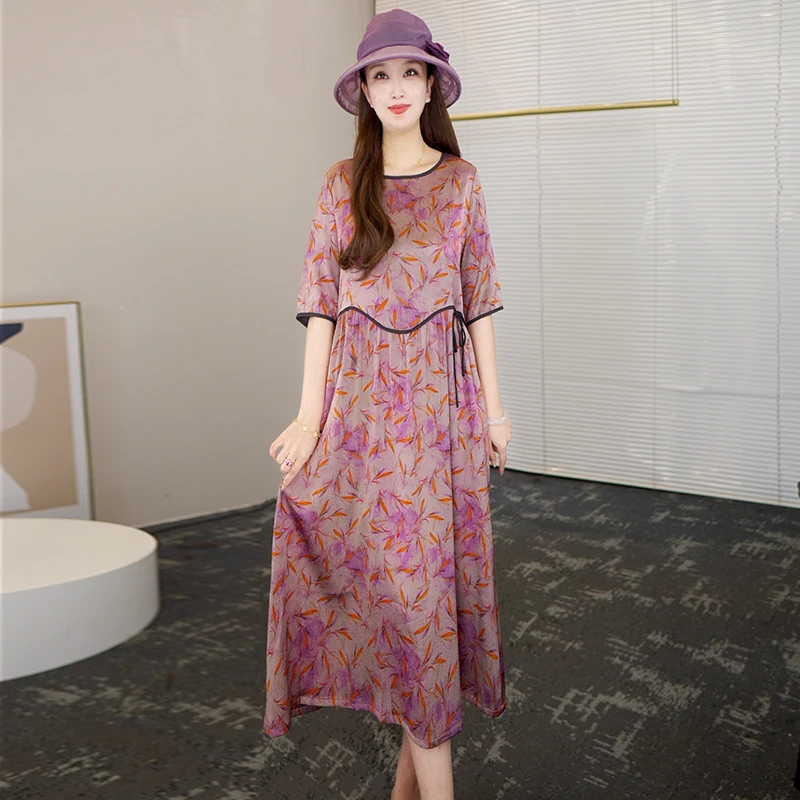 真丝杭州高端连衣裙夏2024新款桑蚕丝时尚连衣裙妈妈